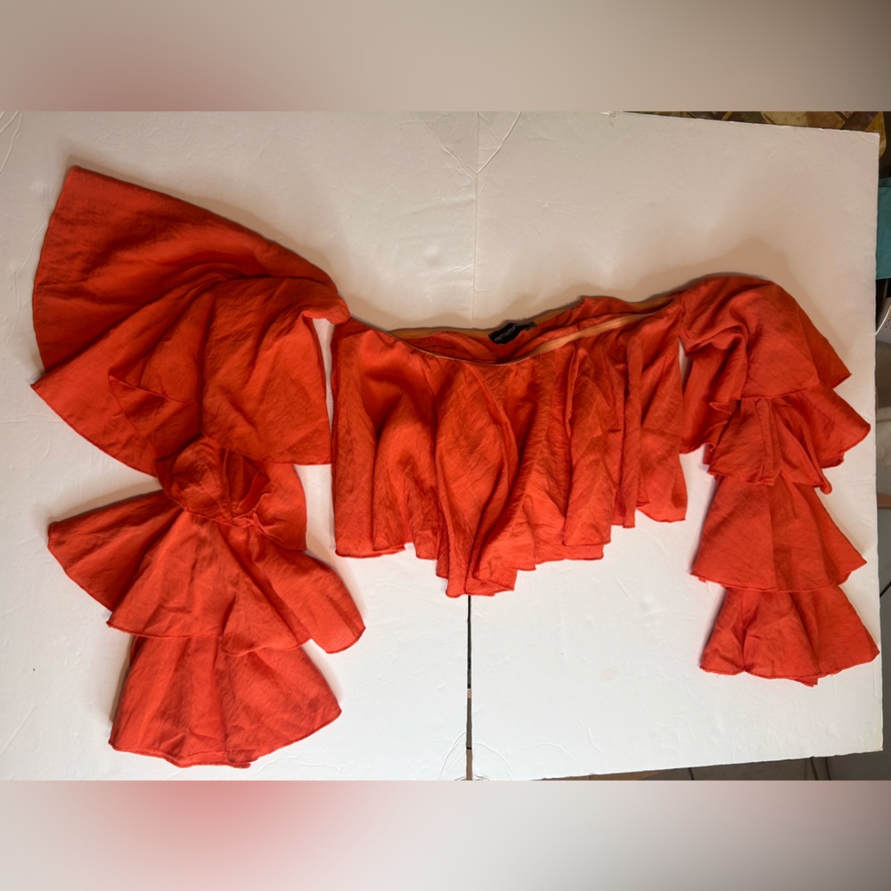 PRETTYLITTLETHING BRIGHT ORANGE WOVEN BARDOT TIERED SLEEVE CROP TOP SIZE 8 - Picture 14 of 14